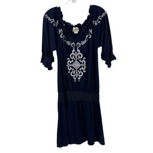Ariat Cassie  Midi Navy Blue 3/4 Sleeve Embroidered Western Dress SMALL PETITE